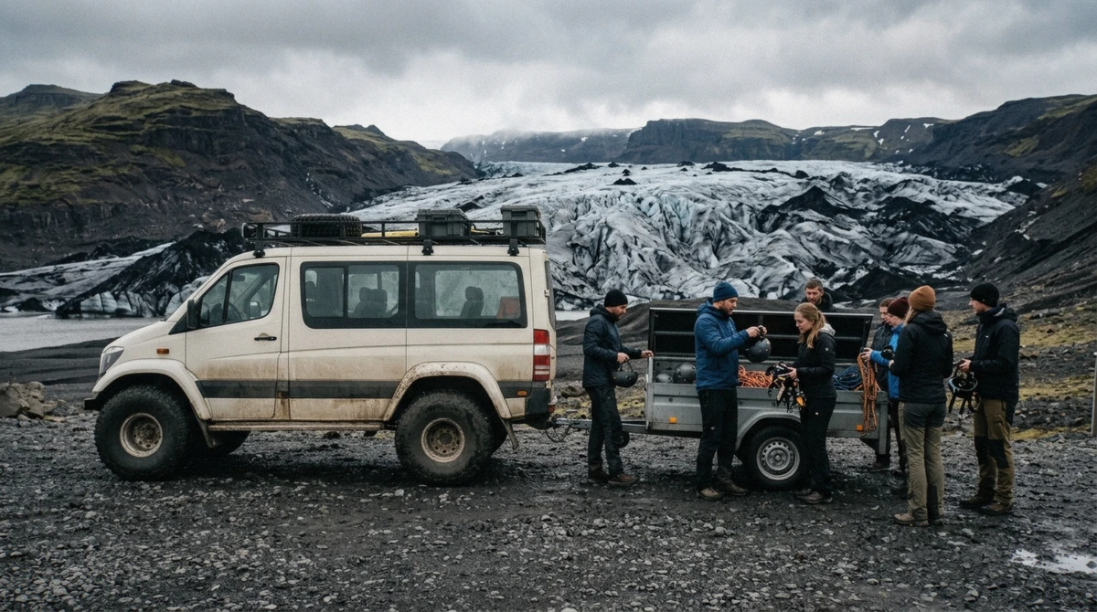 A 4x4 bus at the glacier base camp near Skaftafell, the meeting point that decides where to stay for an ice cave tour