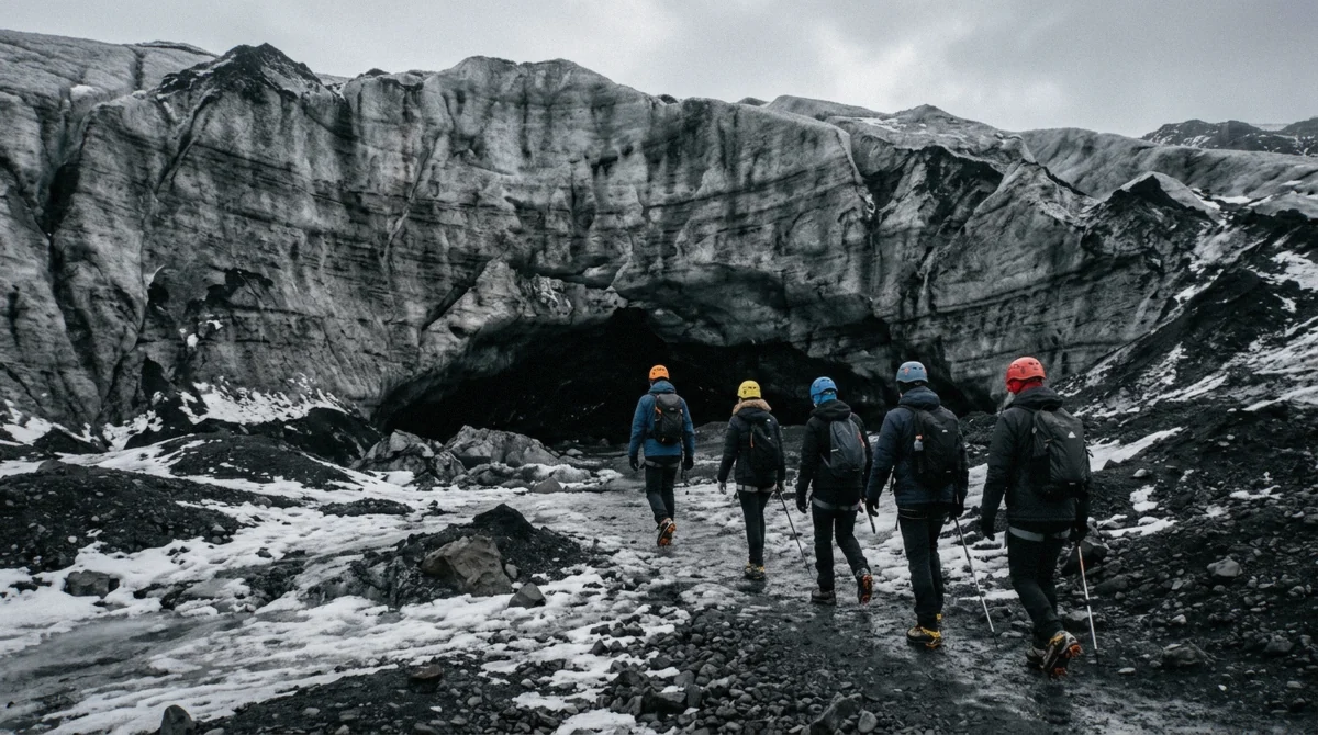 A guided group approaching an ice cave entrance in single file on Breiðamerkurjökull, the standard safe approach on a Vatnajökull tour