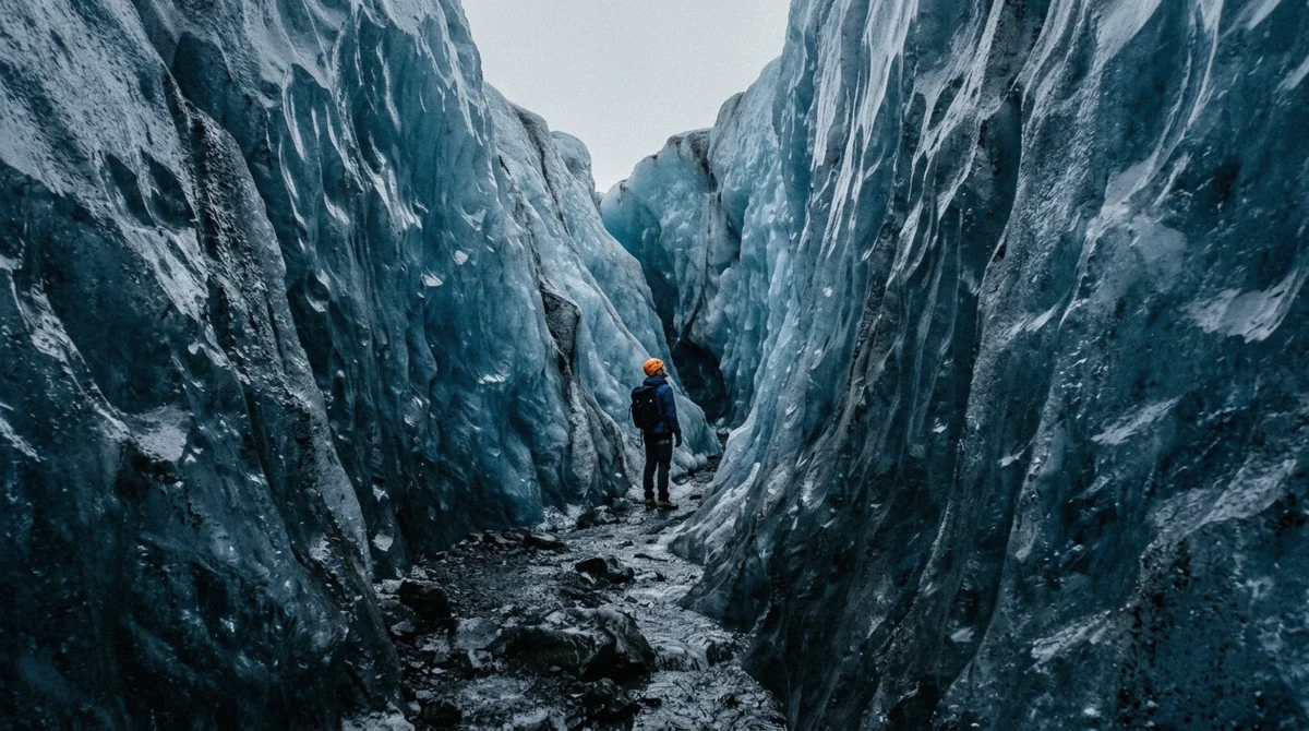 Blue crevasse walls on Falljökull lit from above, an easier photographic subject than an ice cave interior