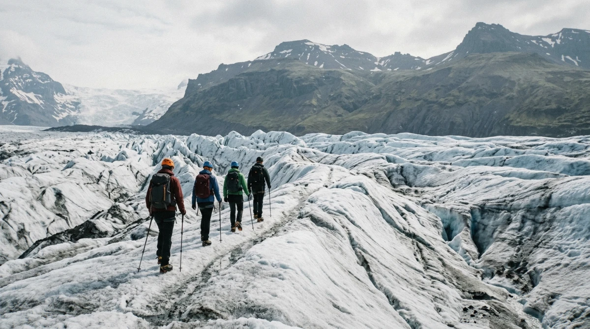 Hikers in crampons walking single file across the blue ice of Falljökull on the Skaftafell blue ice cave and glacier hike, Vatnajökull
