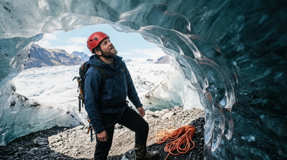 A glacier guide checking the overhanging ice above a cave entrance on Breiðamerkurjökull, the daily safety assessment behind ice cave tours