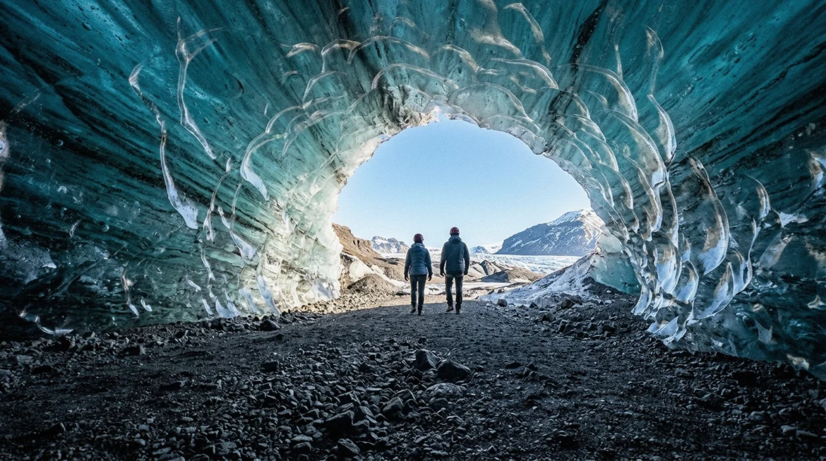 Winter sunlight pouring through the entrance of a blue ice cave on Breiðamerkurjökull, the question behind whether the Vatnajökull ice caves are worth it