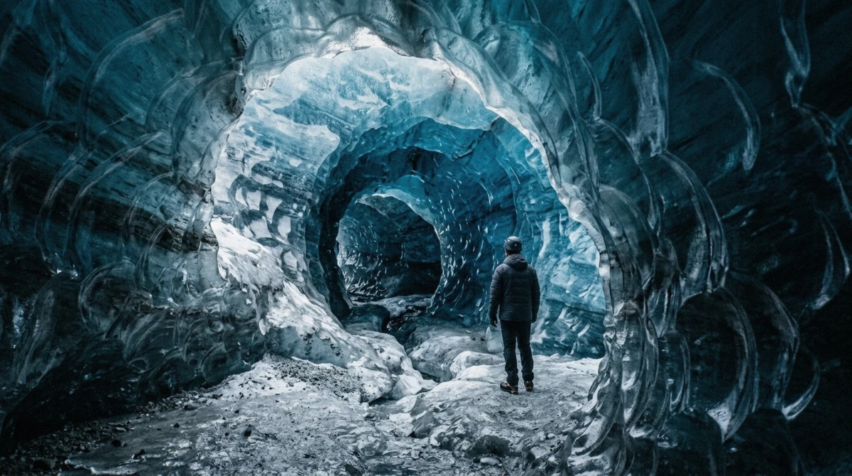Banded blue walls inside a natural ice cave in the Vatnajökull ice caves, southeast Iceland, with a guide standing small at the far end for scale