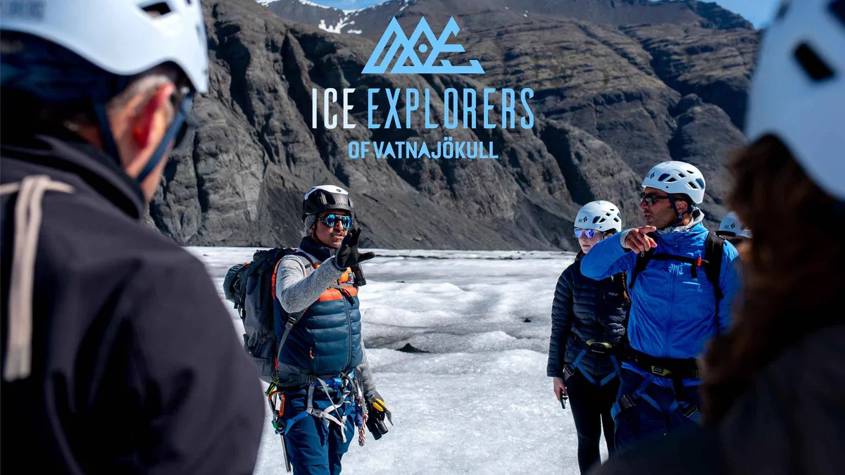 Guided group crossing Breiðamerkurjökull above Jökulsárlón, the outlet glacier that holds the Vatnajökull ice caves, Iceland